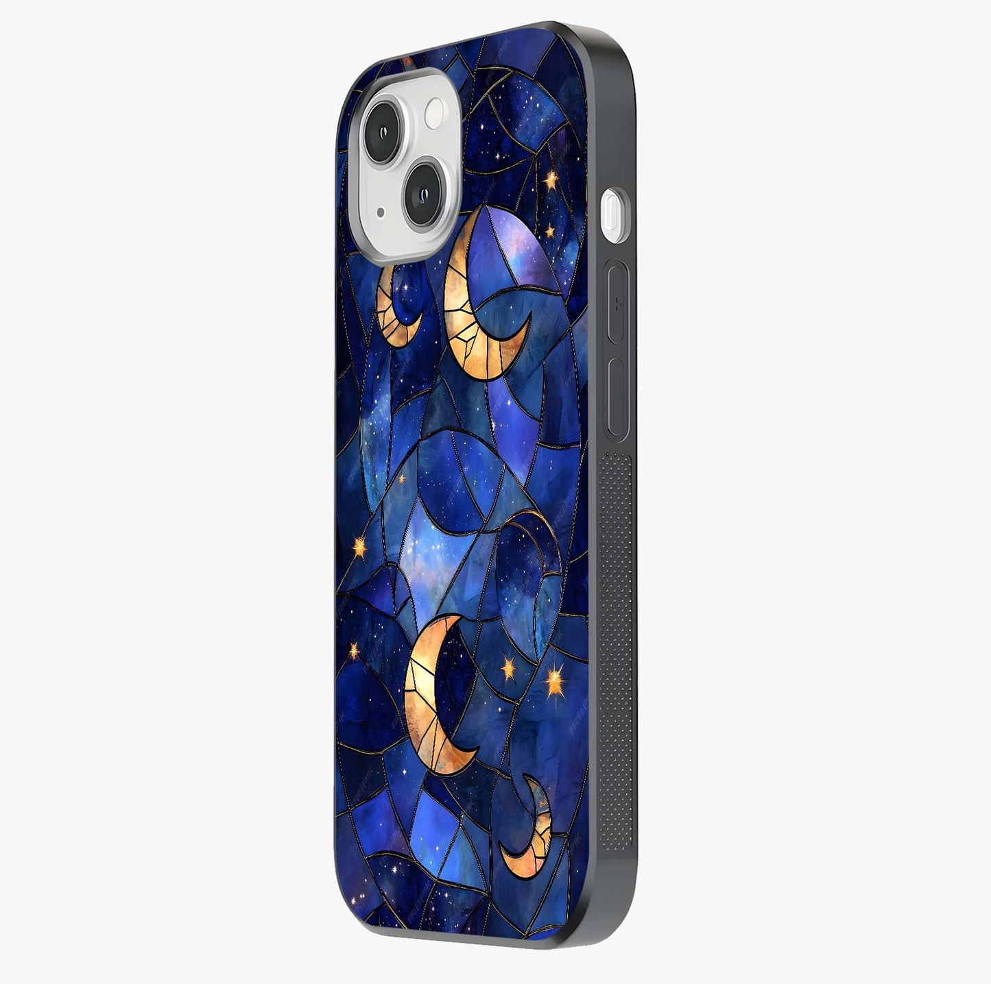 Starlit Sky Tapestry Glass Case photographed in natural light showing reflective finish and design depth.