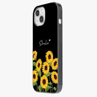 Sunflower Chic Mood Custom Name Glass Case photographed in natural light showing reflective finish and design depth.