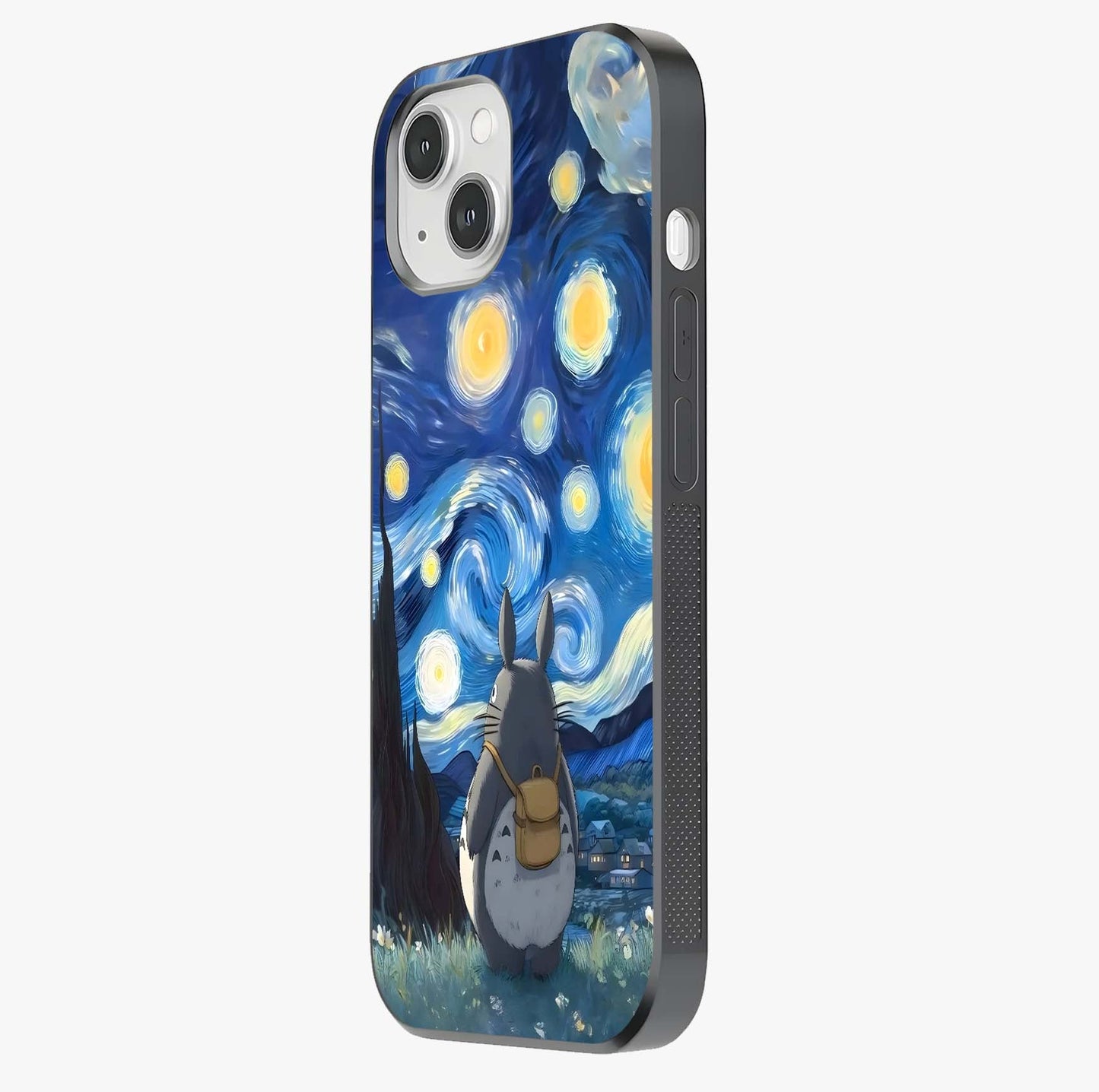 Totoro In Van Gogh Art Glass Case photographed in natural light showing reflective finish and design depth.