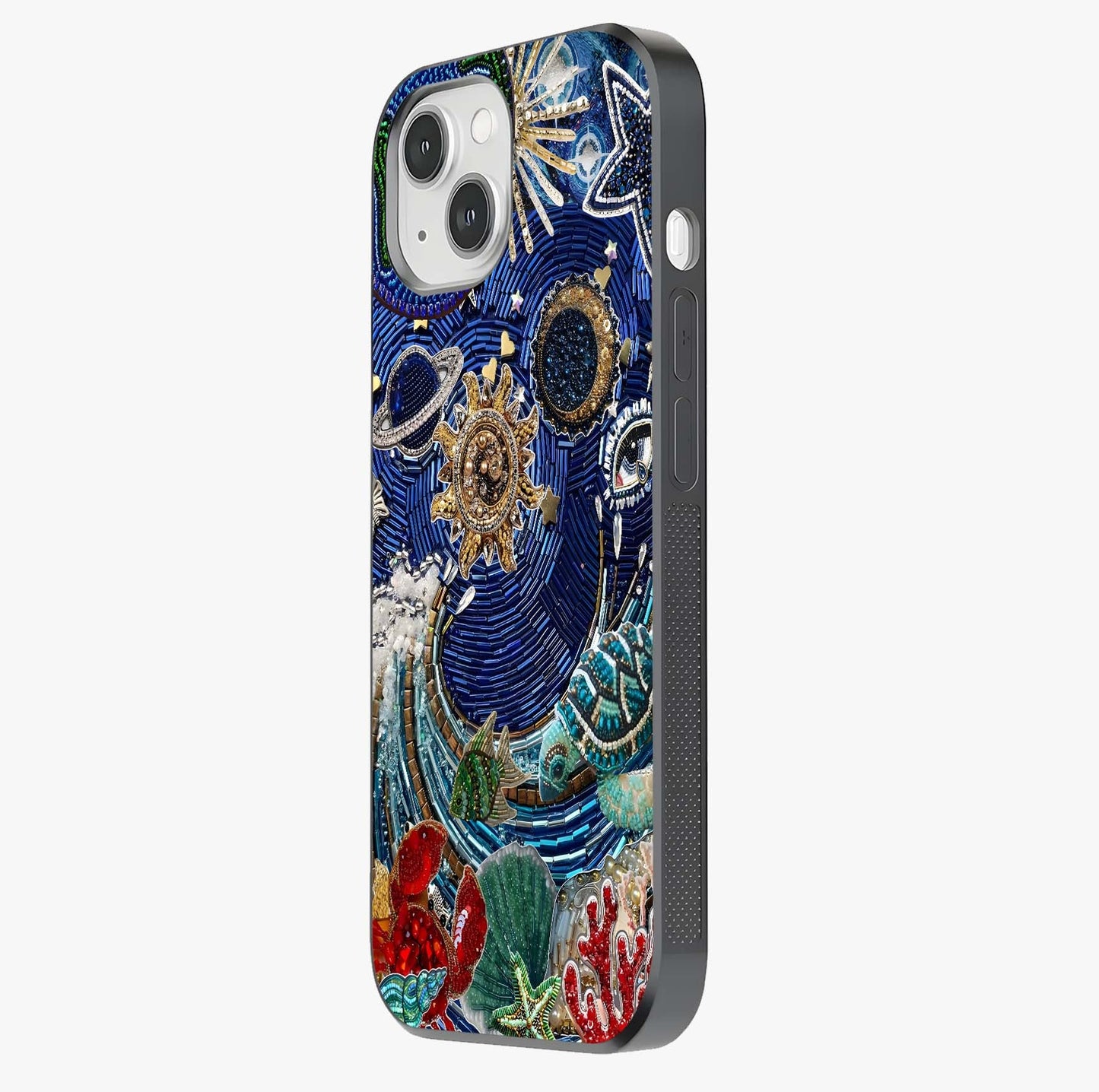 Universe Underwater Spark Glass Case photographed in natural light showing reflective finish and design depth.