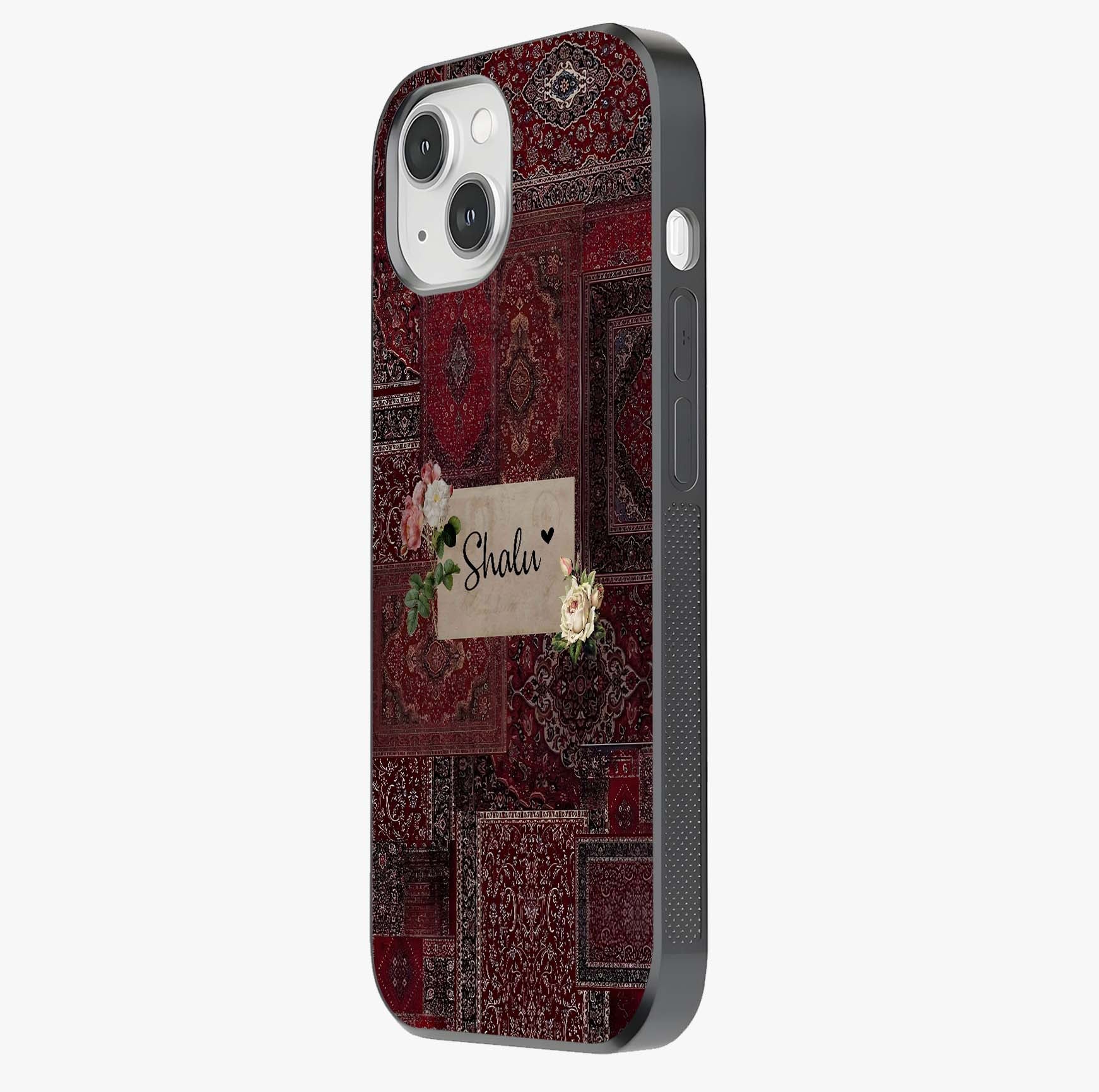 Velvet Wine Pattern Custom Name Glass Case photographed in natural light showing reflective finish and design depth.
