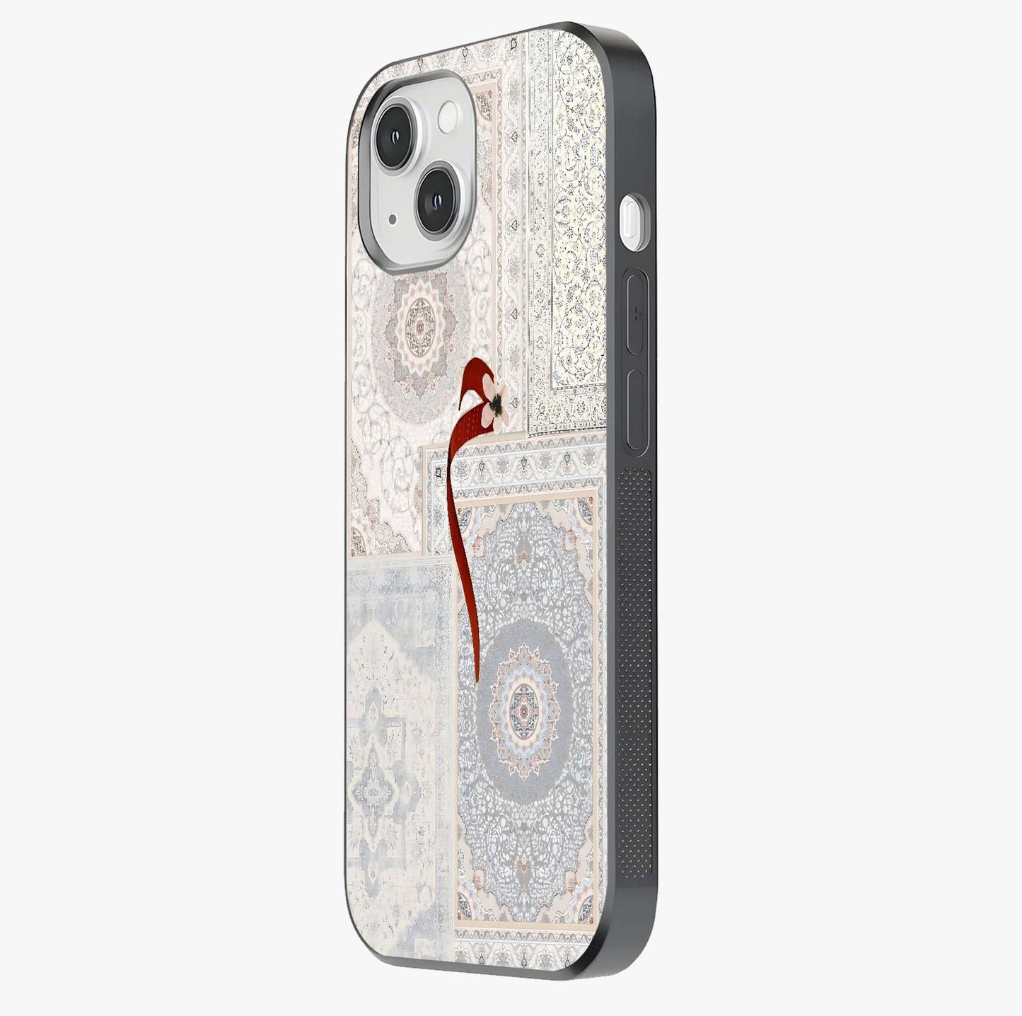 White Aesthetic Bow Glass Case photographed in natural light showing reflective finish and design depth.