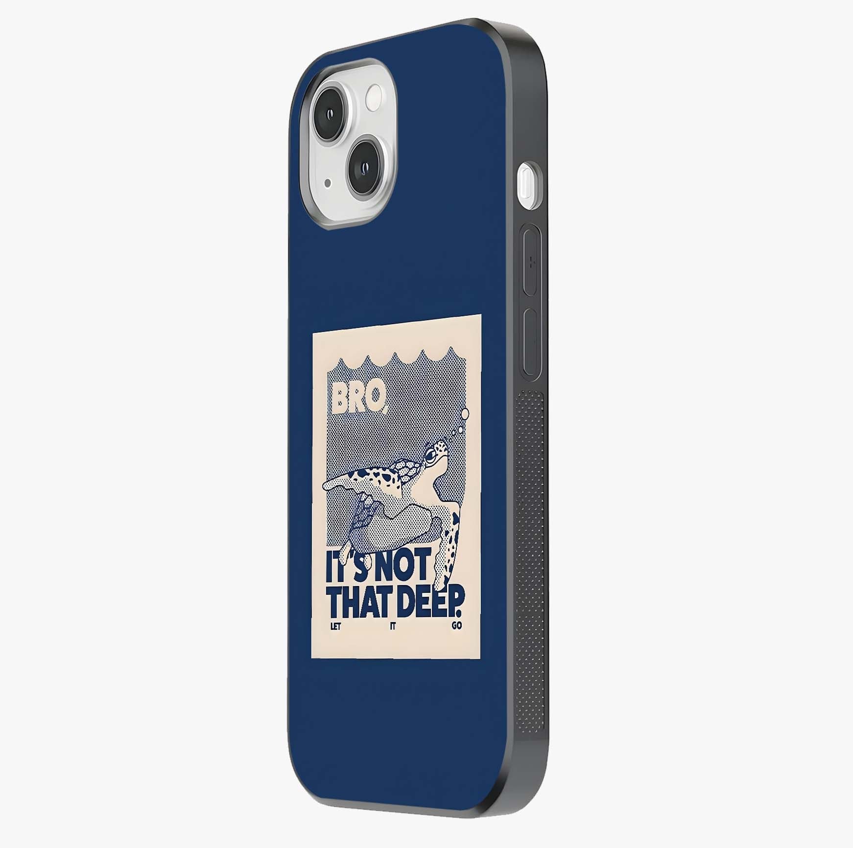 Worry Less Swim Glass Case photographed in natural light showing reflective finish and design depth.
