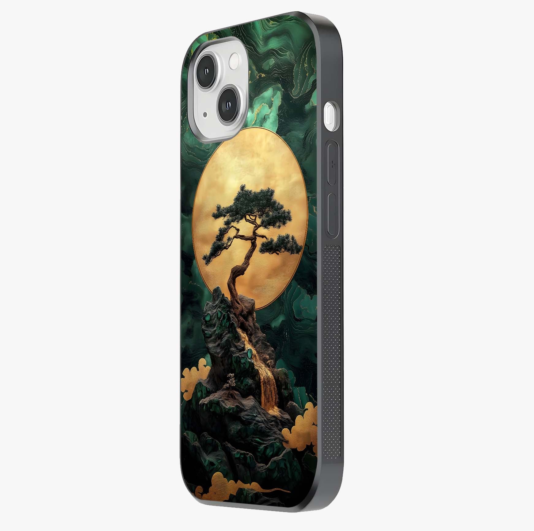 Zen Moon Rise Glass Case photographed in natural light showing reflective finish and design depth
