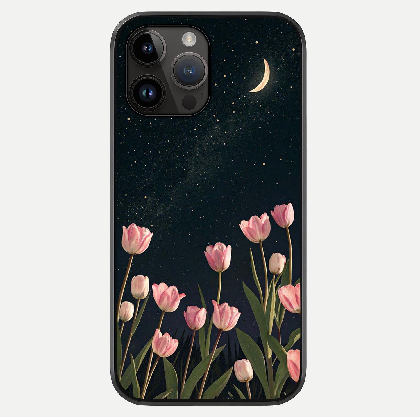 Midnight Tulip Whispers Vibe Glass Case showing full back design in clean flat view with glossy glass finish.