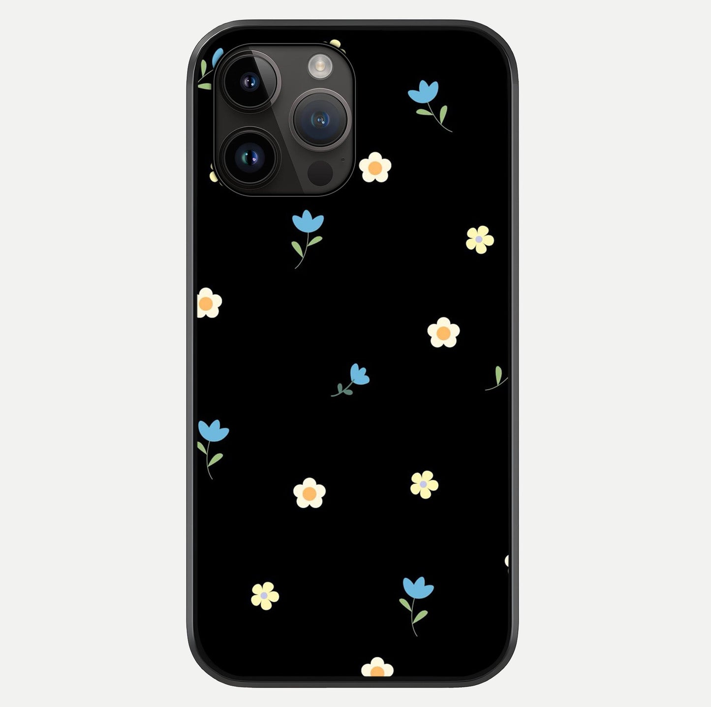 Minimalistic Blue With White Flower Pattern Glass Case showing full back design in clean flat view with glossy glass finish.