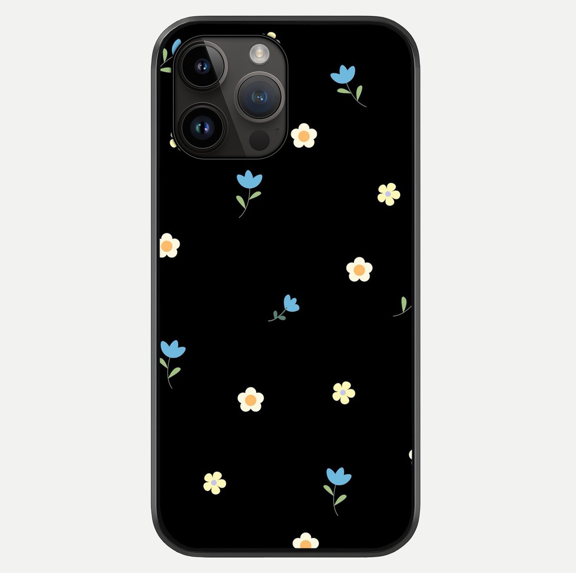 Minimalistic Blue With White Flower Pattern Glass Case showing full back design in clean flat view with glossy glass finish.