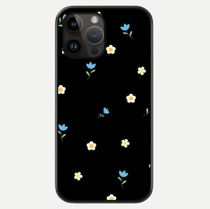 Minimalistic Blue With White Flower Pattern Glass Case showing full back design in clean flat view with glossy glass finish.