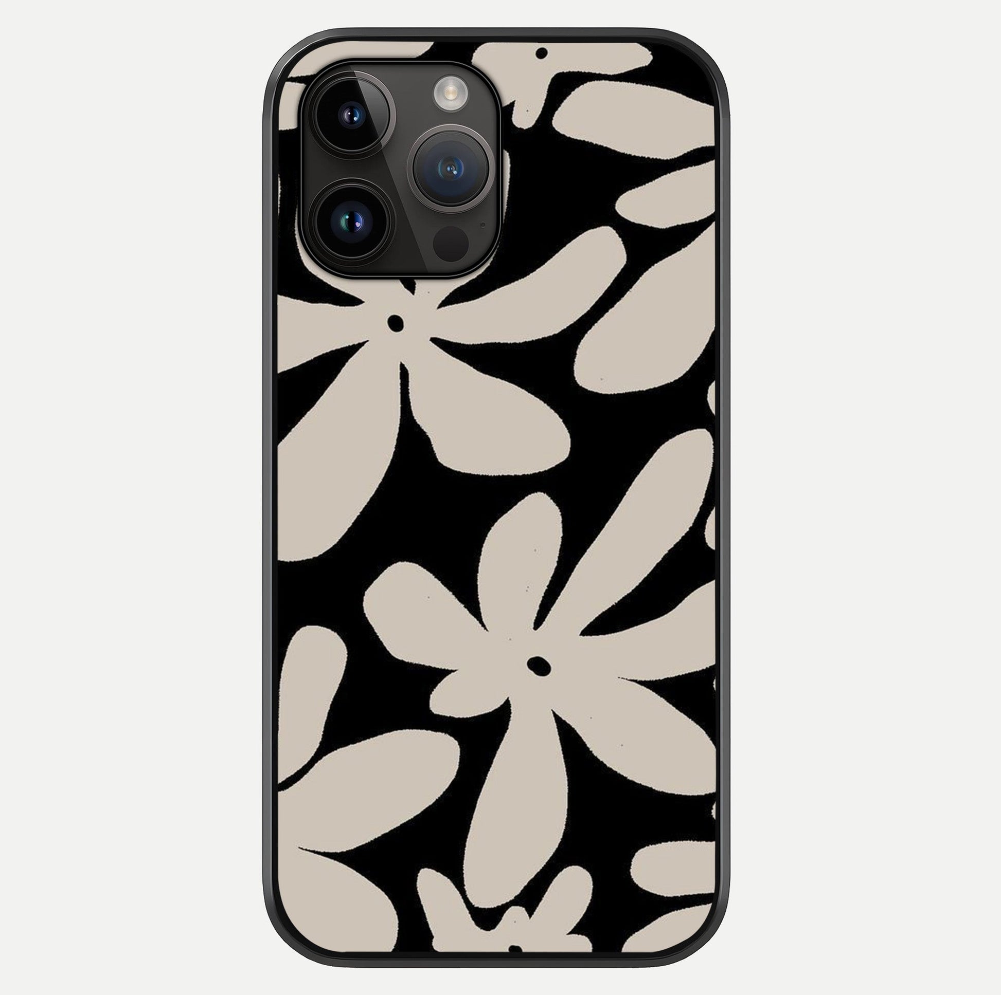 Monochrome Petal Dance Glass Case showing full back design in clean flat view with glossy glass finish.