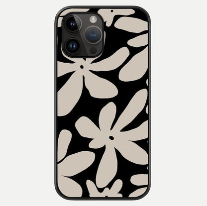 Monochrome Petal Dance Glass Case showing full back design in clean flat view with glossy glass finish.