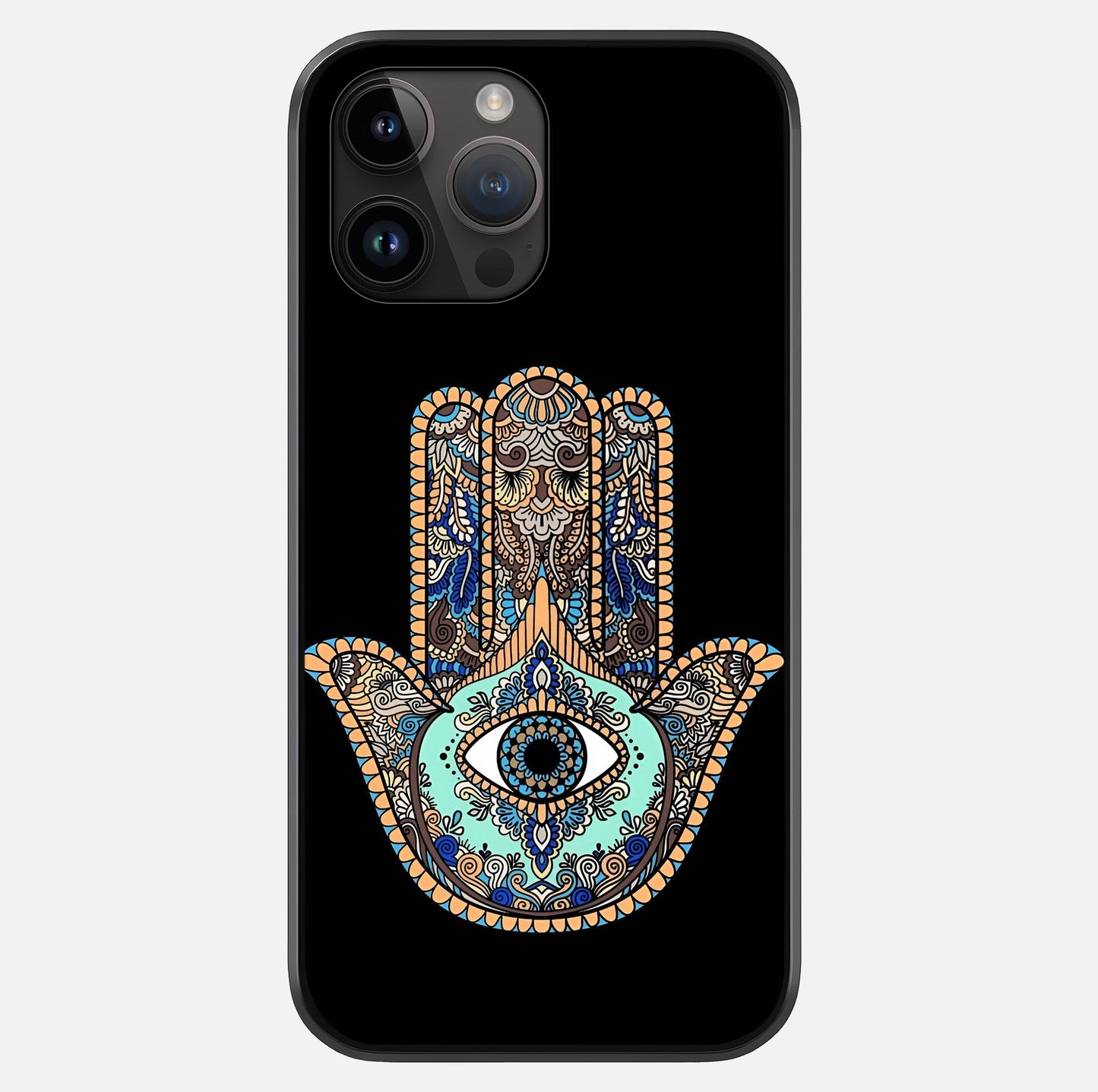 Mystic Hamsa Eye Glass Case showing full back design in clean flat view with glossy glass finish.