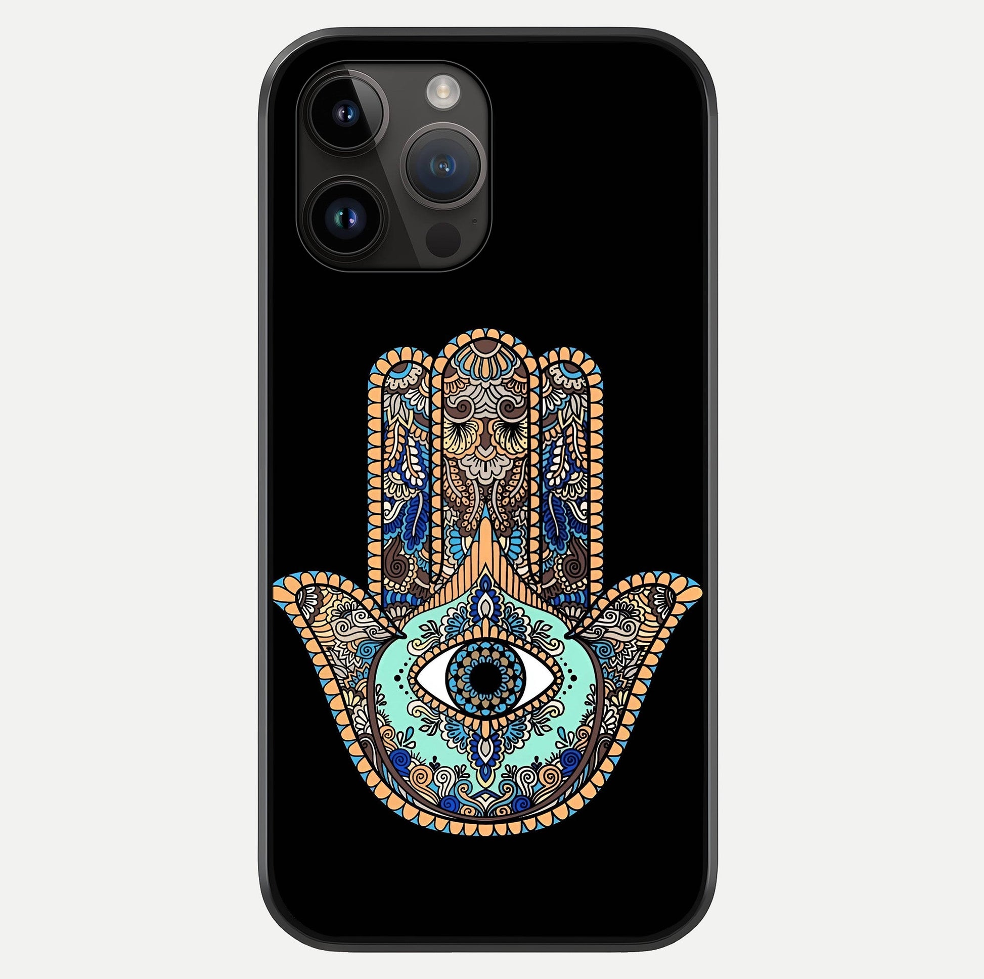 Mystic Hamsa Eye Glass Case showing full back design in clean flat view with glossy glass finish.