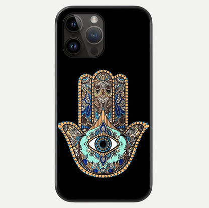 Mystic Hamsa Eye Glass Case showing full back design in clean flat view with glossy glass finish.