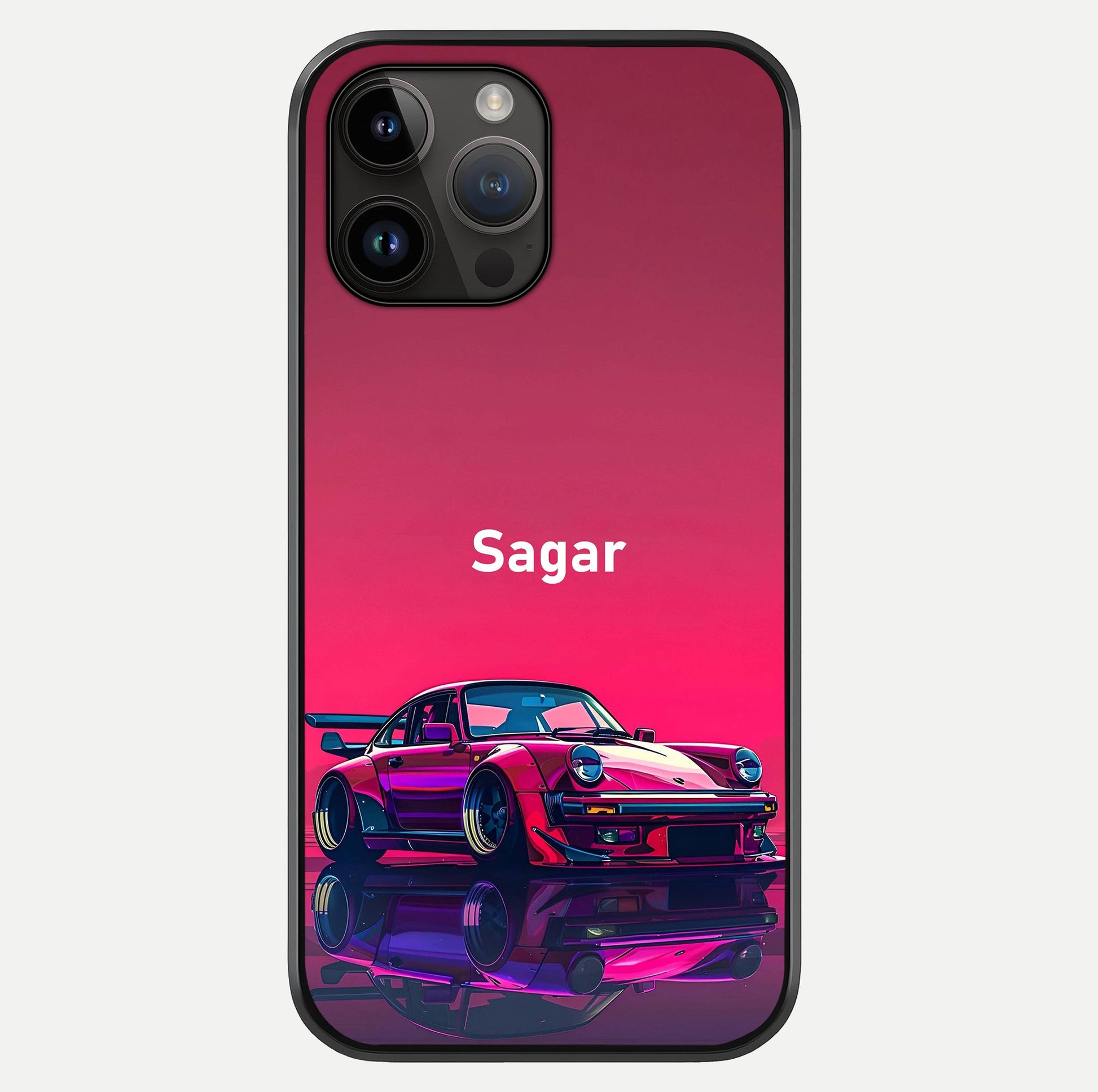 Neon Pink Porsche Glass Case showing full back design in clean flat view with glossy glass finish.