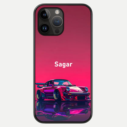 Neon Pink Porsche Glass Case showing full back design in clean flat view with glossy glass finish.