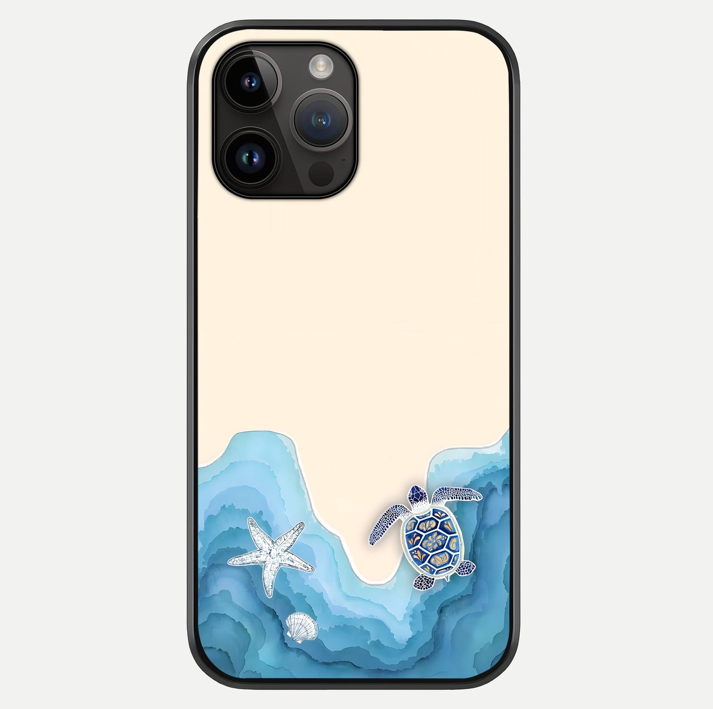 Ocean Drift Turtle Glass Case showing full back design in clean flat view with glossy glass finish.