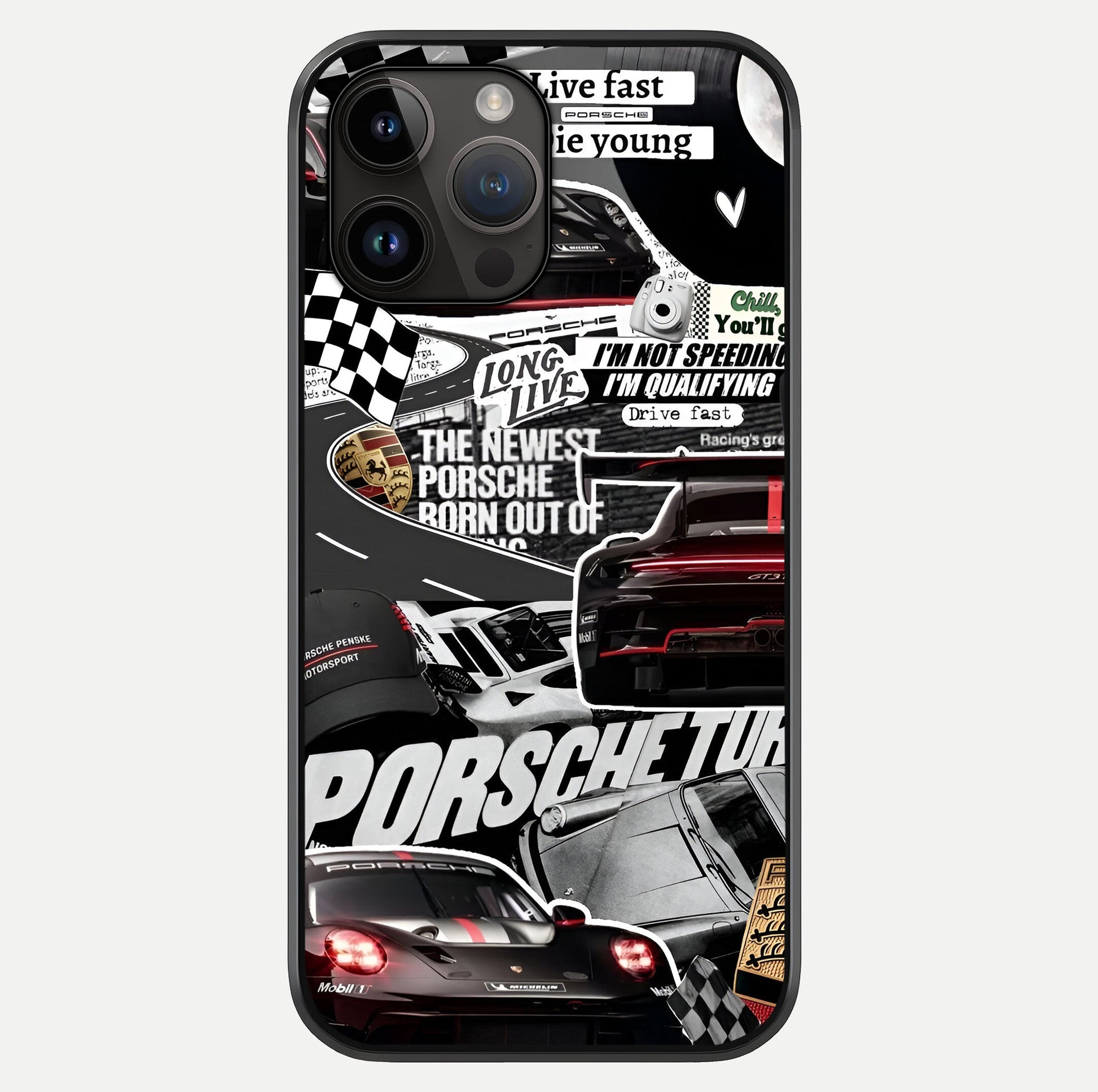 Porsche Racing Collage Glass Case showing full back design in clean flat view with glossy glass finish.