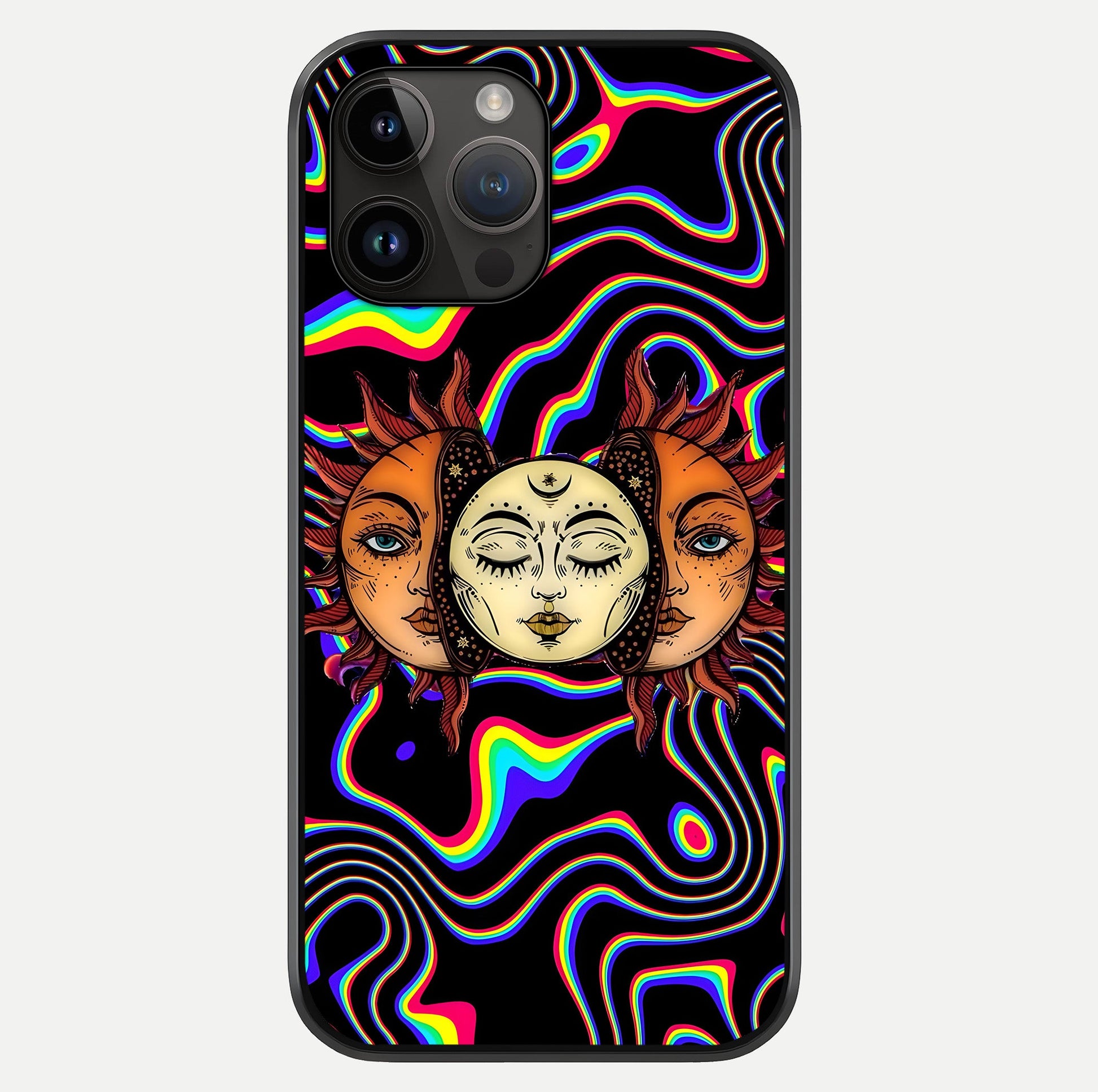 Psychedelic Sun Glass Case showing full back design in clean flat view with glossy glass finish.