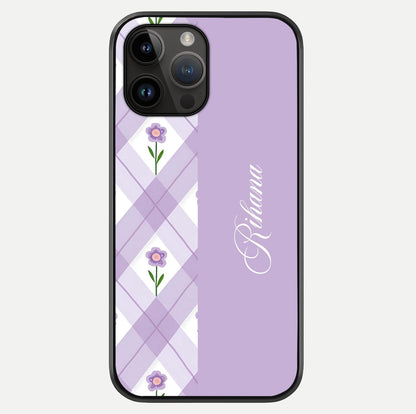 Purple Diamond Floral Glass Case showing full back design in clean flat view with glossy glass finish.