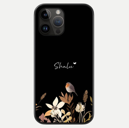 Quiet Garden Tune Custom Name Glass Case showing full back design in clean flat view with glossy glass finish.