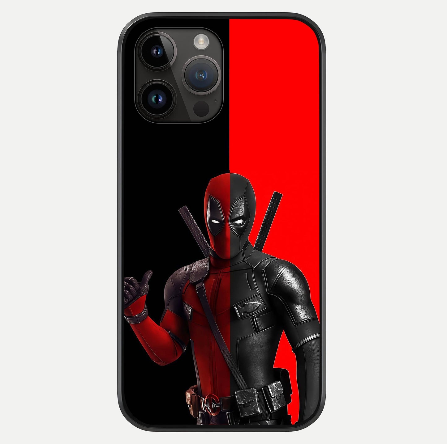 Red & Black Deadpool Theme Glass Case showing full back design in clean flat view with glossy glass finish.