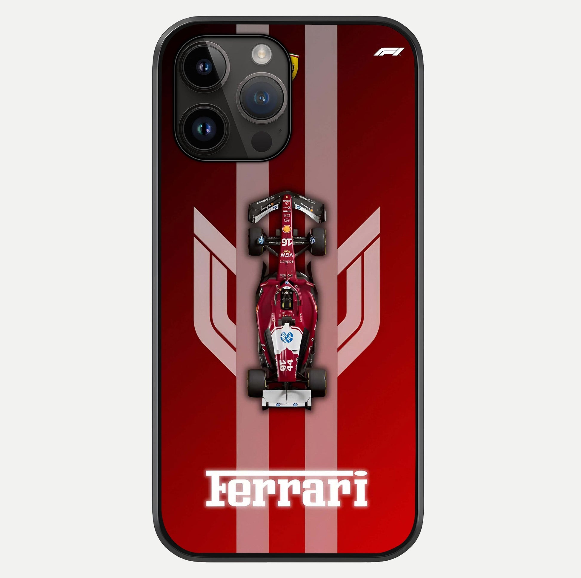 Red Ferrari F1 Vertical Glass Case showing full back design in clean flat view with glossy glass finish.