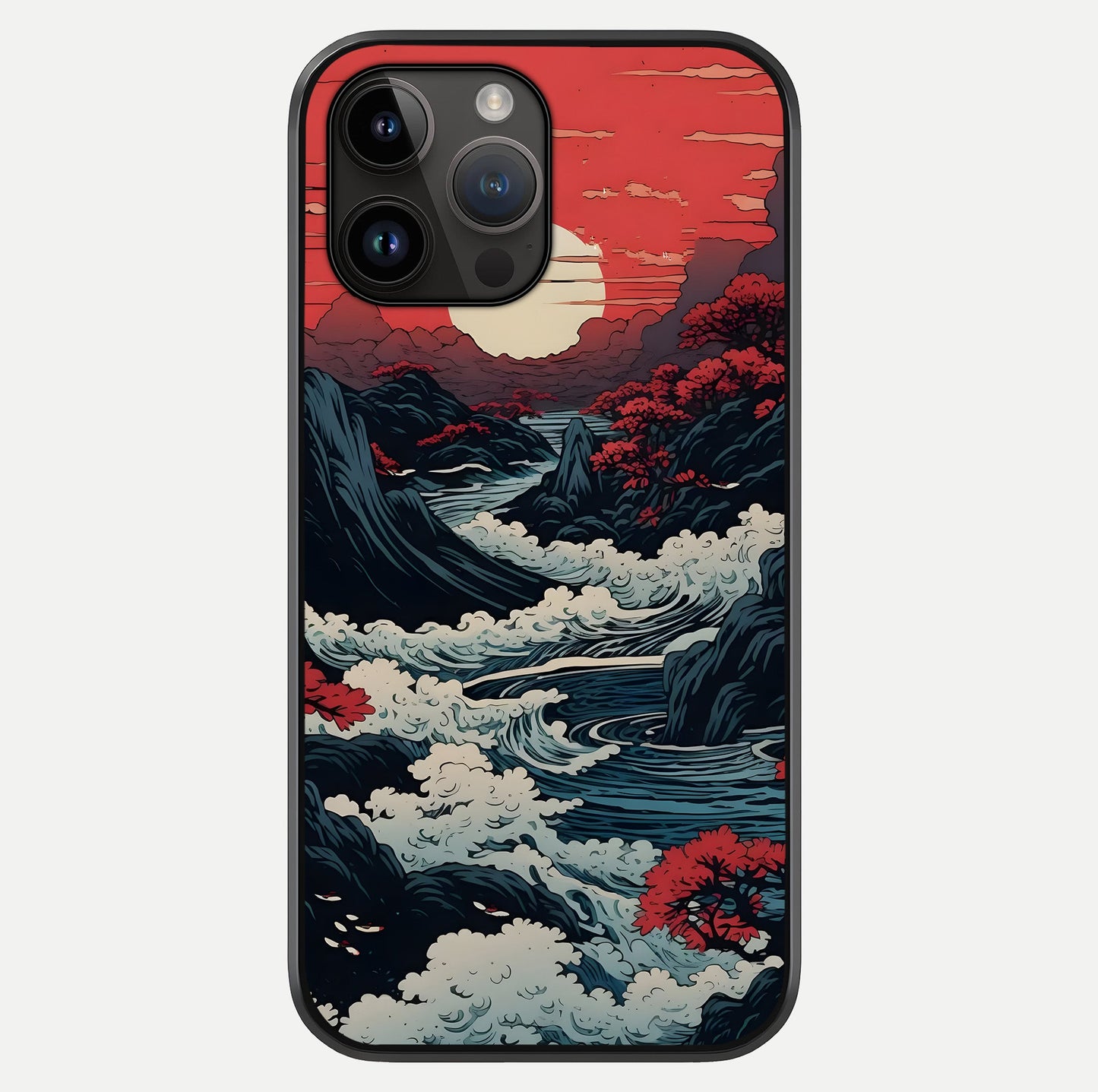 Red Sunset Scenery Glass Case showing full back design in clean flat view with glossy glass finish.