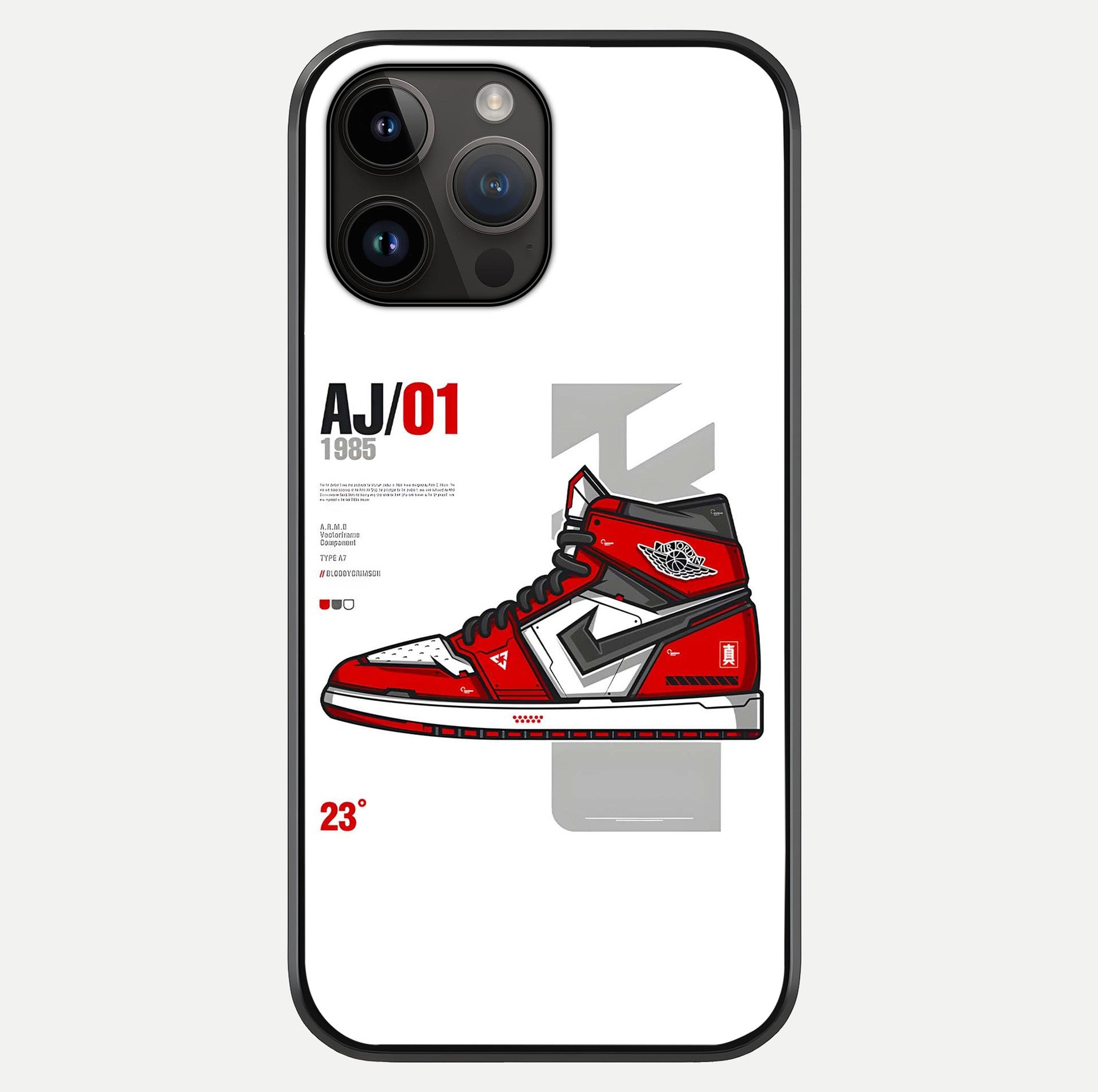 Retro Sneaker Blueprint Glass Case showing full back design in clean flat view with glossy glass finish.