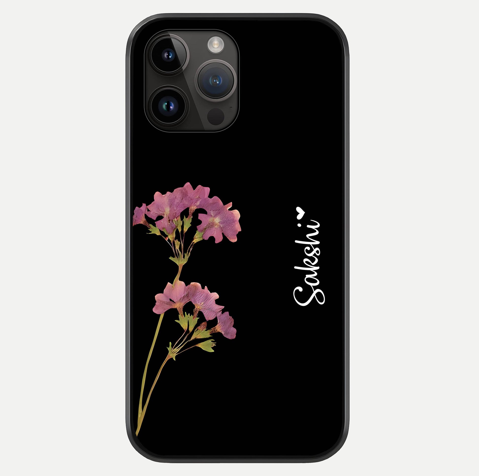 Riching Lavender Flower Custom Name Glass Case showing full back design in clean flat view with glossy glass finish.