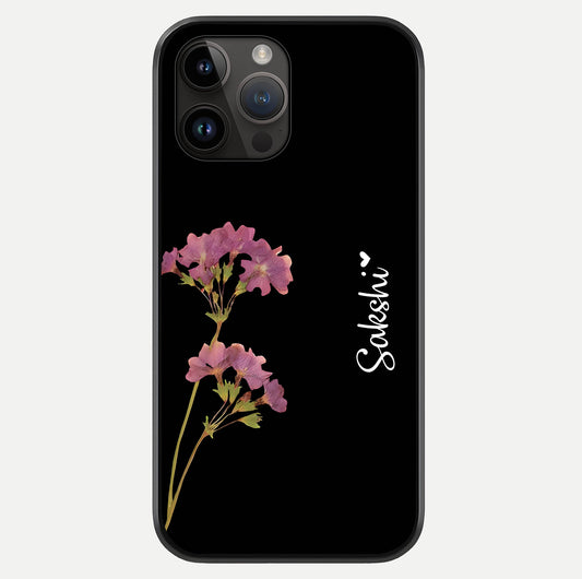 Riching Lavender Flower Custom Name Glass Case showing full back design in clean flat view with glossy glass finish.