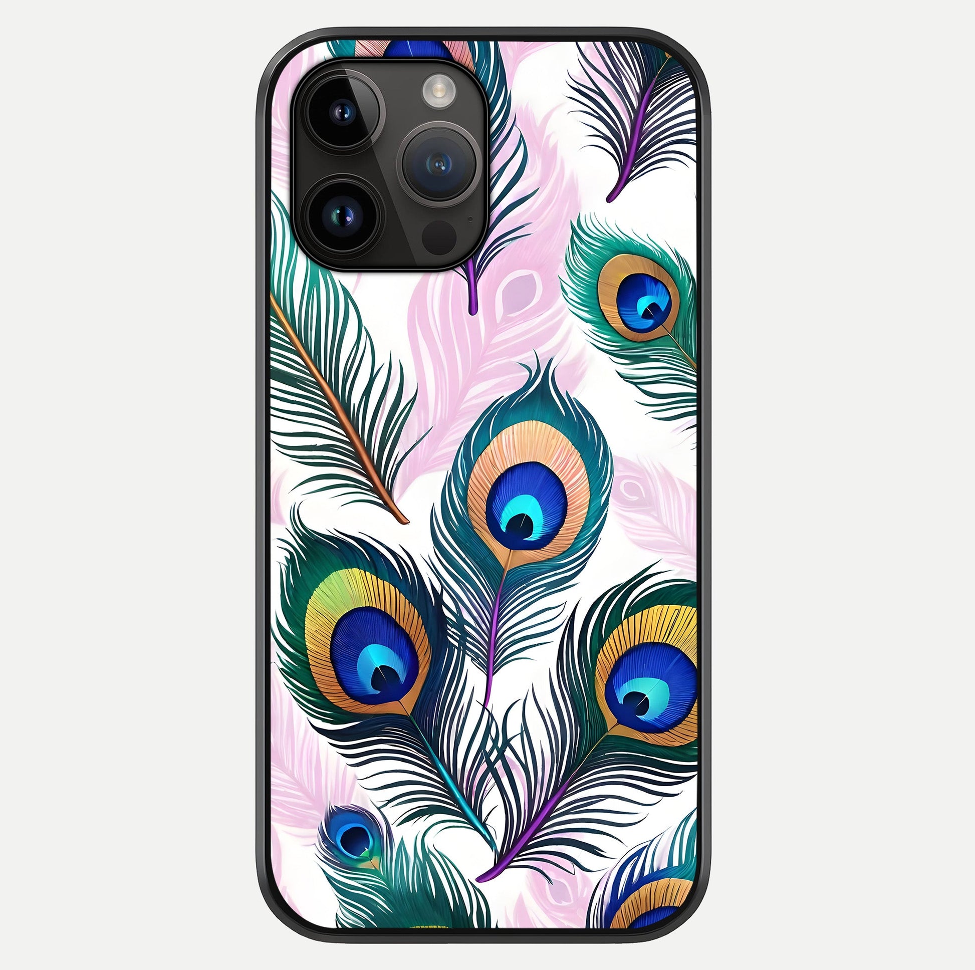 Royal Peacock Feathers Glass Case showing full back design in clean flat view with glossy glass finish.