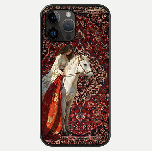 Royal Rider Tapestry Glass Case showing full back design in clean flat view with glossy glass finish.