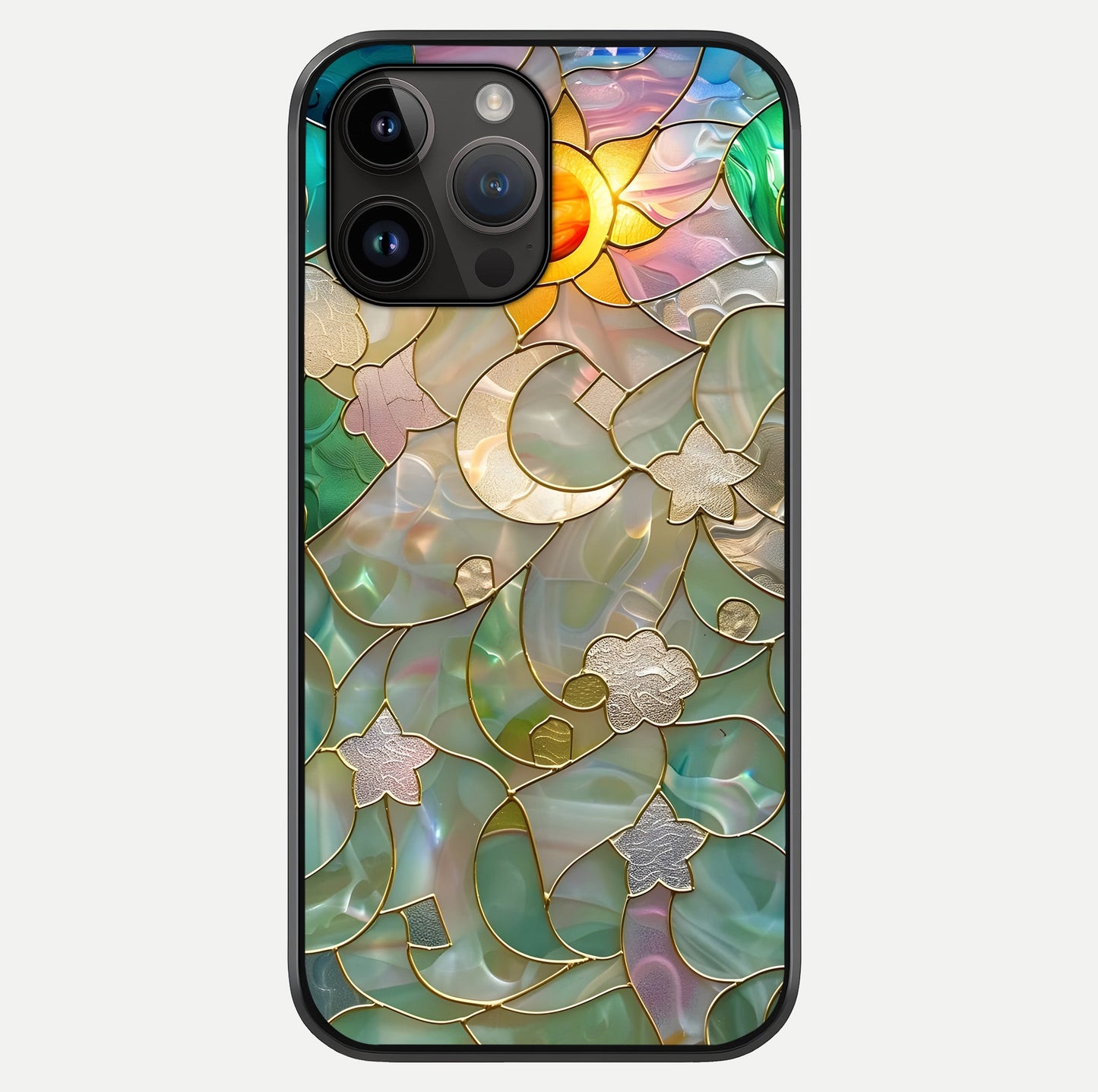 Stained Sunrise Glow Glass Case showing full back design in clean flat view with glossy glass finish.