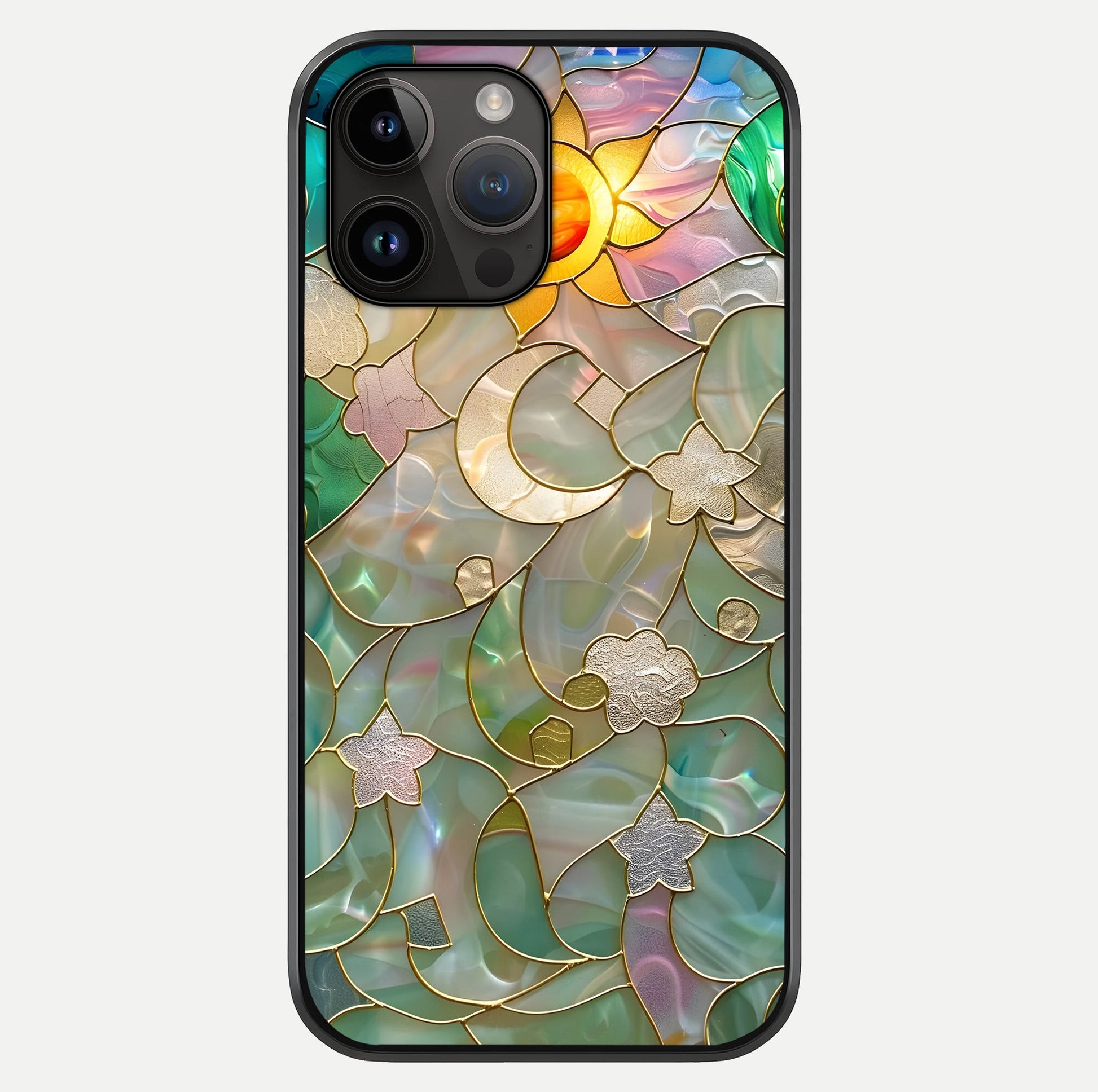 Stained Sunrise Glow Glass Case showing full back design in clean flat view with glossy glass finish.