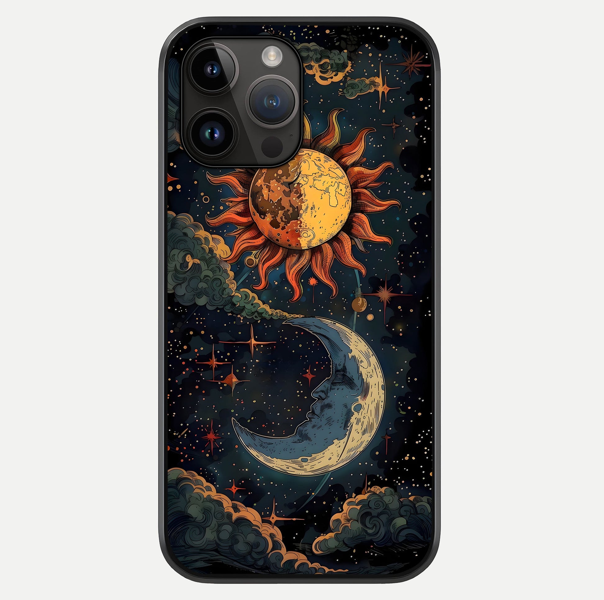 Sun And Moon Magic Design Glass Case showing full back design in clean flat view with glossy glass finish.