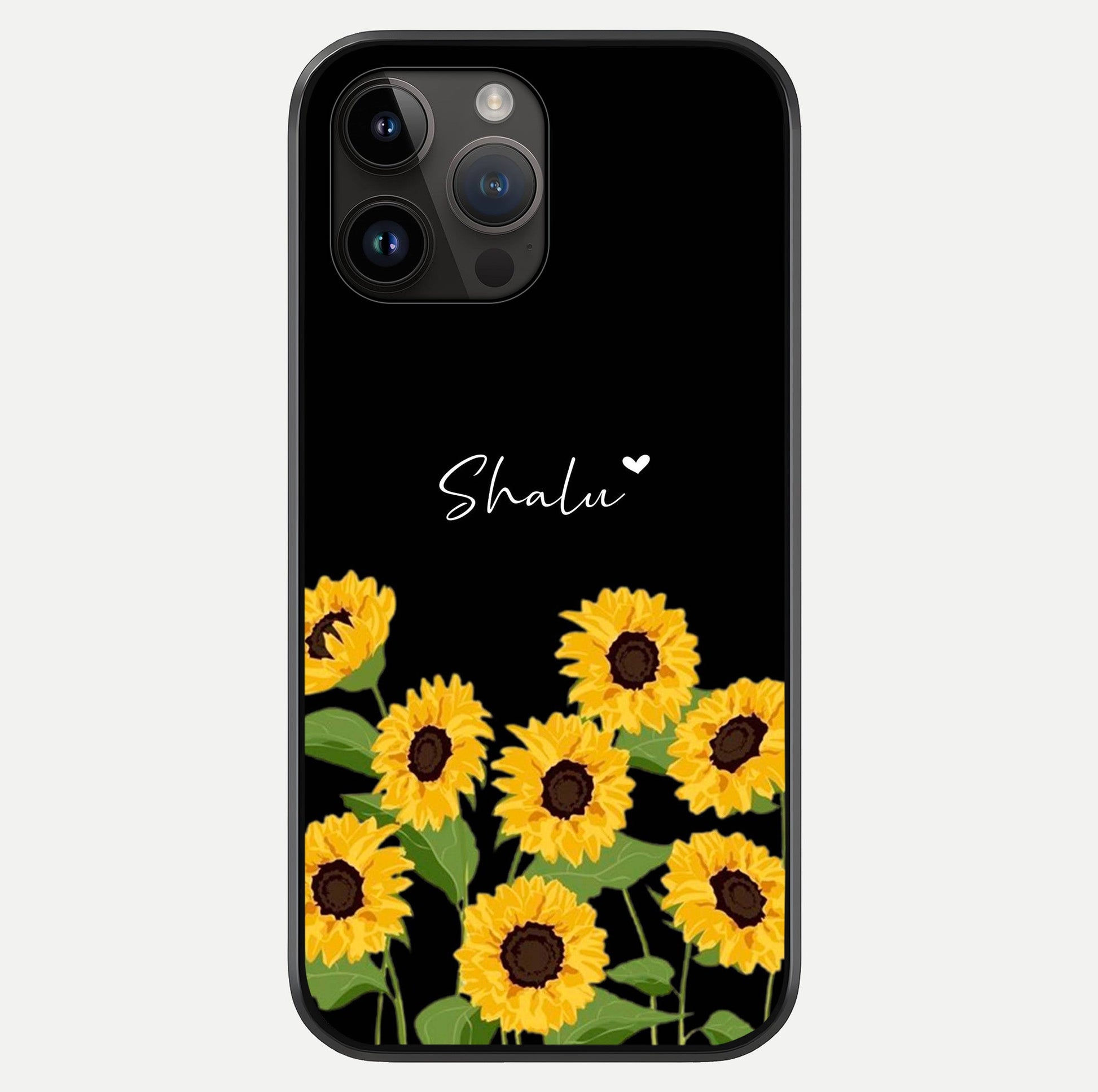 Sunflower Chic Mood Custom Name Glass Case showing full back design in clean flat view with glossy glass finish.