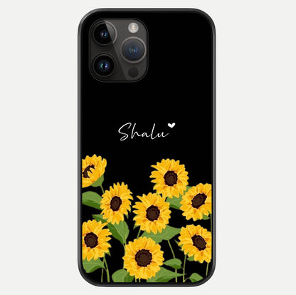 Sunflower Chic Mood Custom Name Glass Case showing full back design in clean flat view with glossy glass finish.