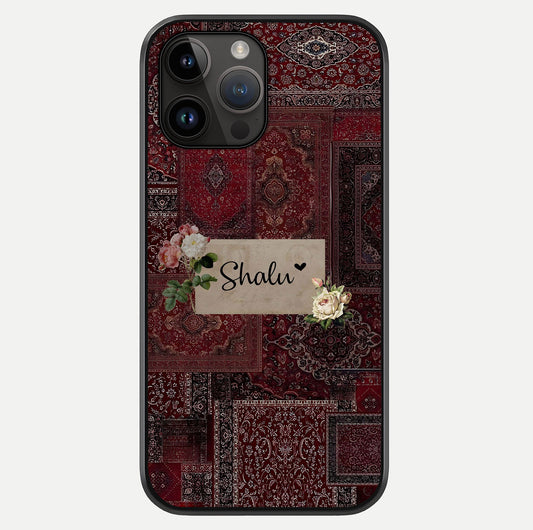 Velvet Wine Pattern Custom Name Glass Case showing full back design in clean flat view with glossy glass finish.