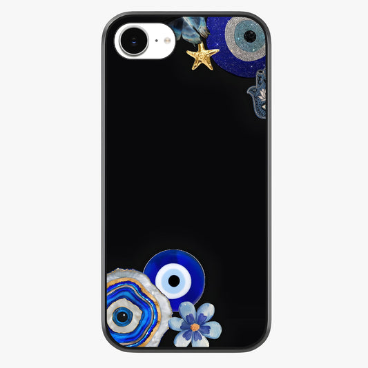 Aesthetic Blue Evil Eye Glass Case showing full back design in clean flat view with glossy glass finish.