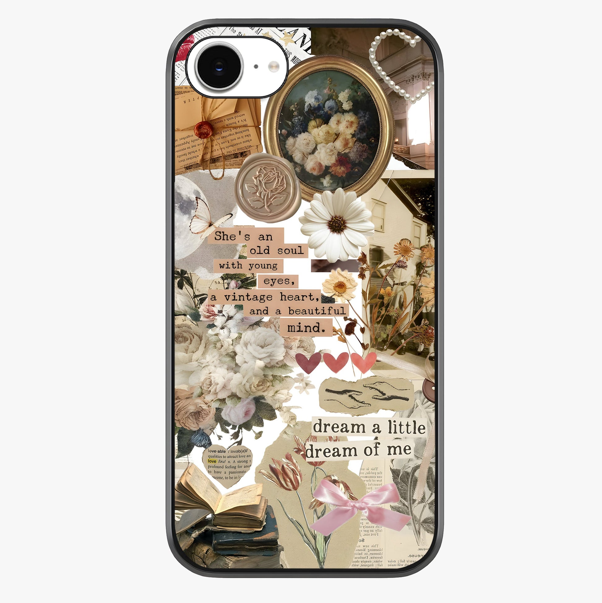Aesthetic Brown Vintage Collage Glass Case showing full back design in clean flat view with glossy glass finish.