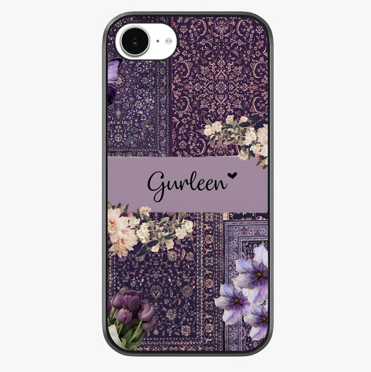 Antique Floral Whisper Custom Name Glass Case showing full back design in clean flat view with glossy glass finish.