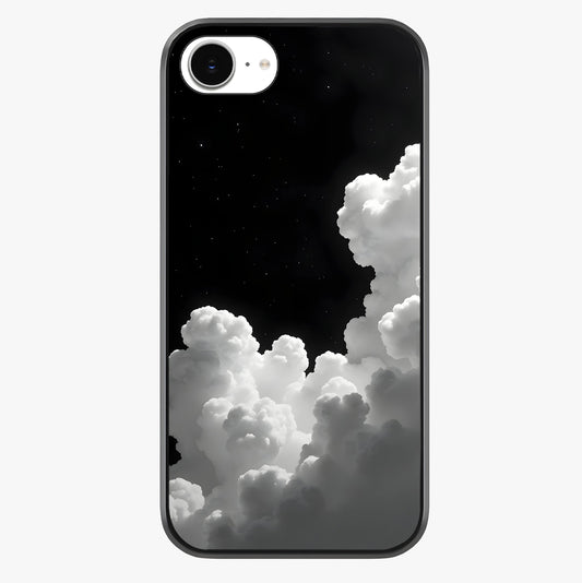 Black Background With White Cloud Glass Case showing full back design in clean flat view with glossy glass finish.