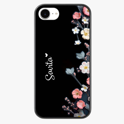 Black Elegance Floral Custom Name Glass Case showing full back design in clean flat view with glossy glass finish.