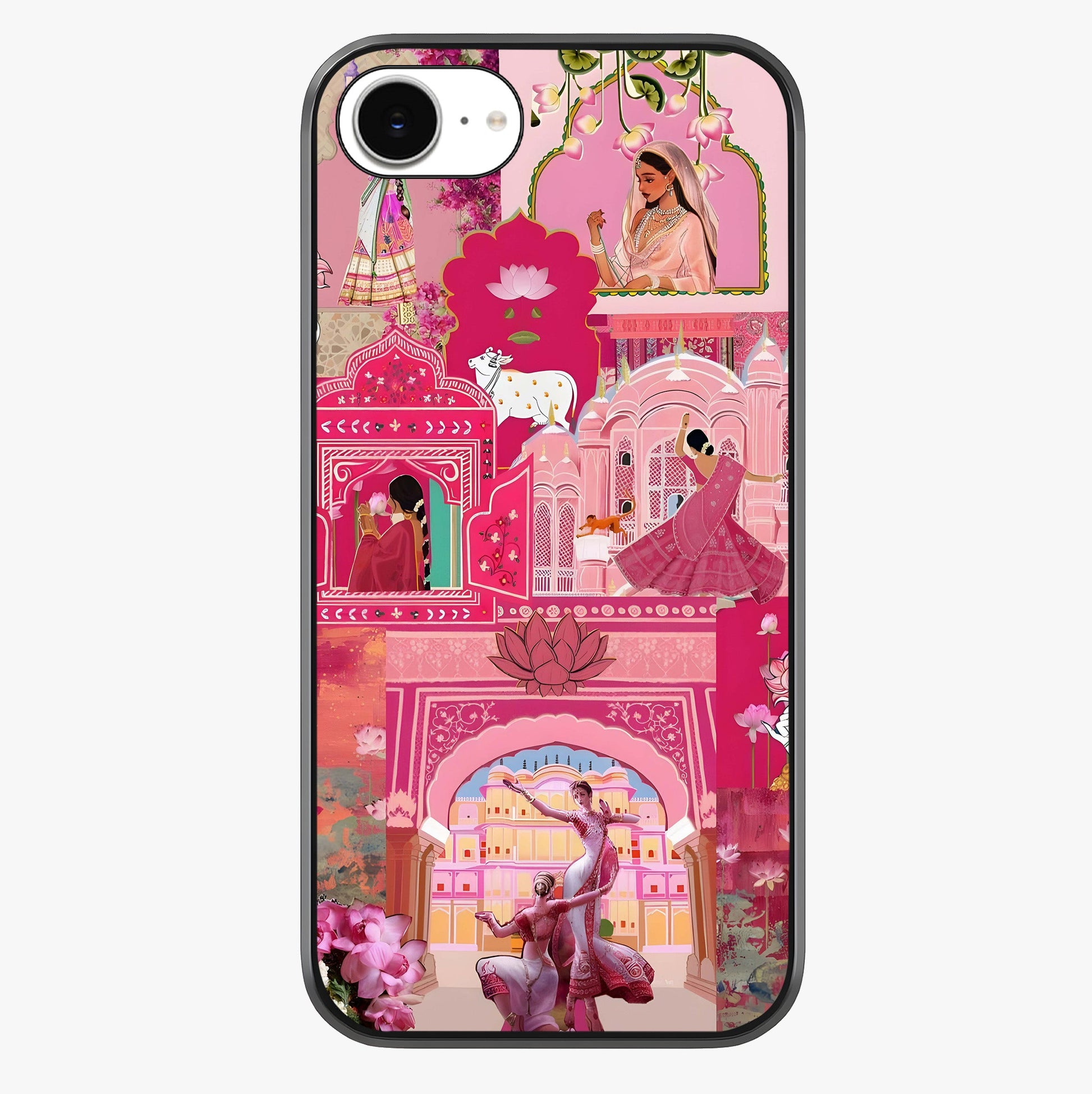 Blossoms Of Rajasthan Glass Case showing full back design in clean flat view with glossy glass finish.