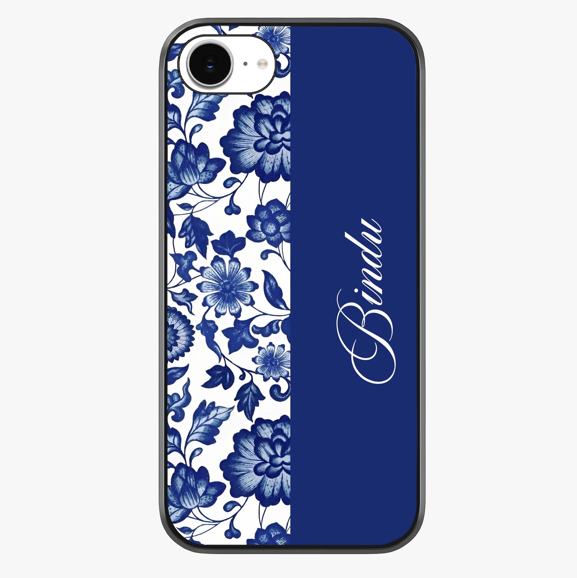 Blue Vintage Floral Pattern Glass Case showing full back design in clean flat view with glossy glass finish.