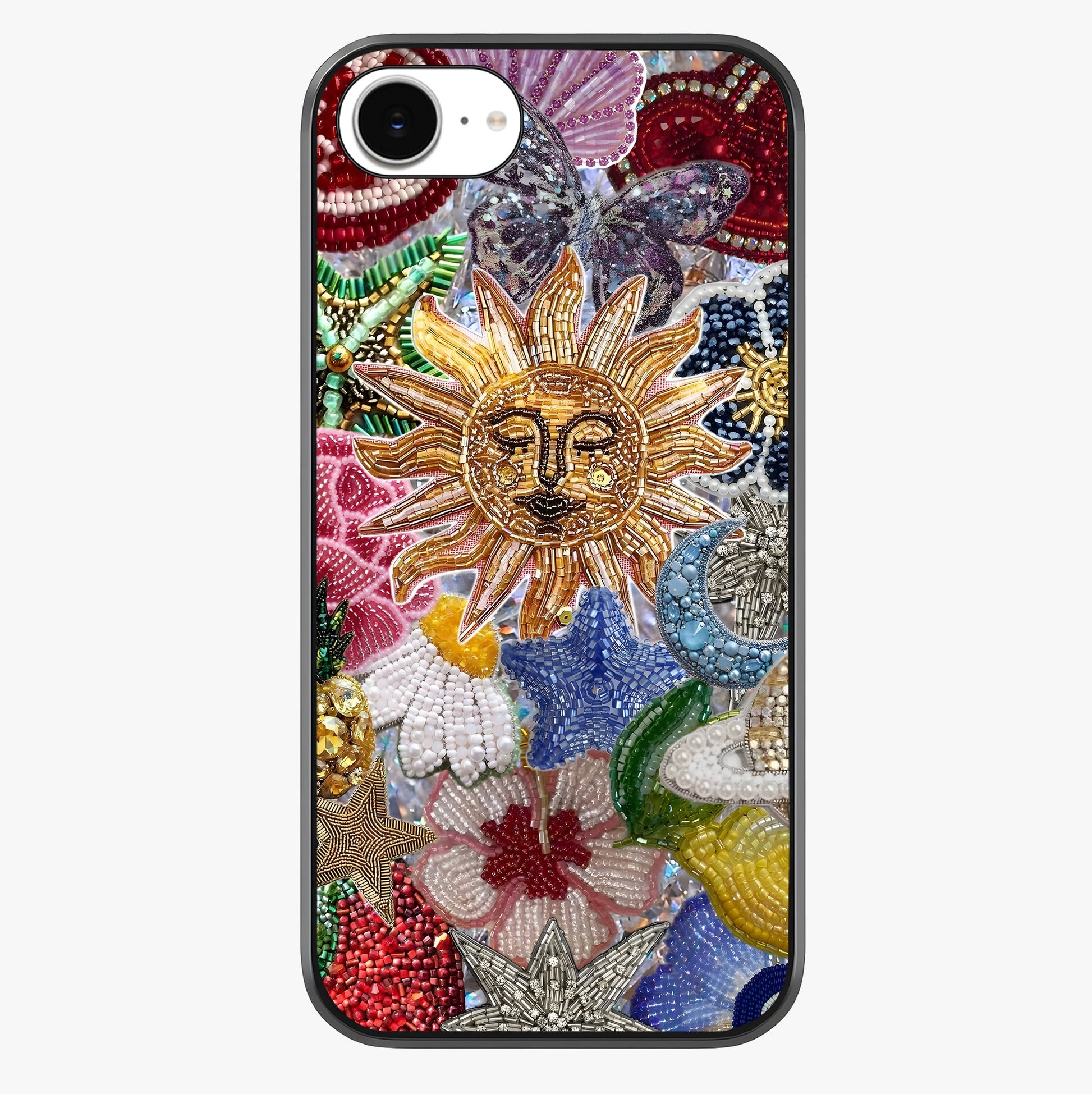 Celestial Floral And Playful Glass Case showing full back design in clean flat view with glossy glass finish.
