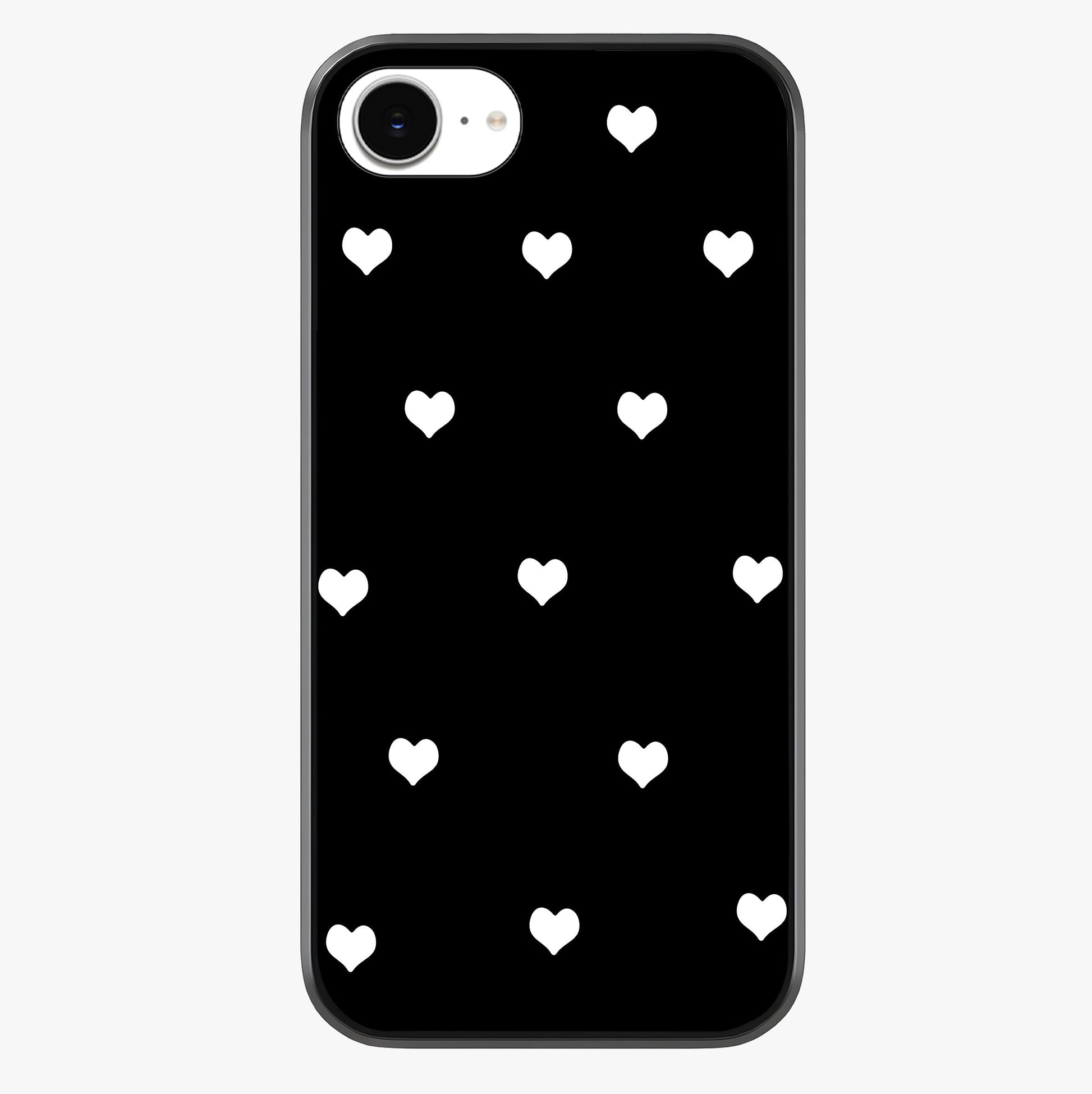 Cute And Simple White Hearts Glass Case showing full back design in clean flat view with glossy glass finish.