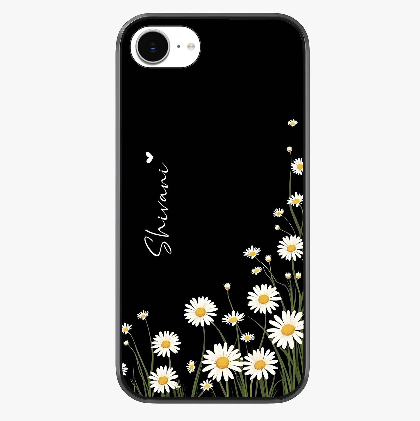 Daisy Cascade Custom Name Glass Case showing full back design in clean flat view with glossy glass finish.