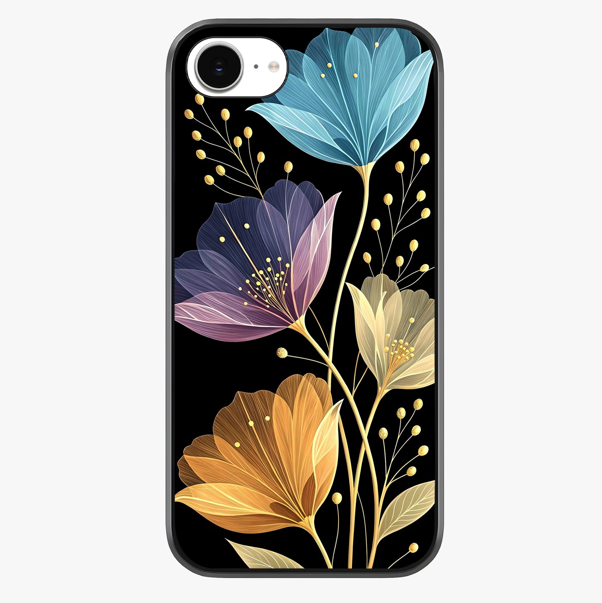 Delicate Multicolor Flowers Glass Case showing full back design in clean flat view with glossy glass finish.