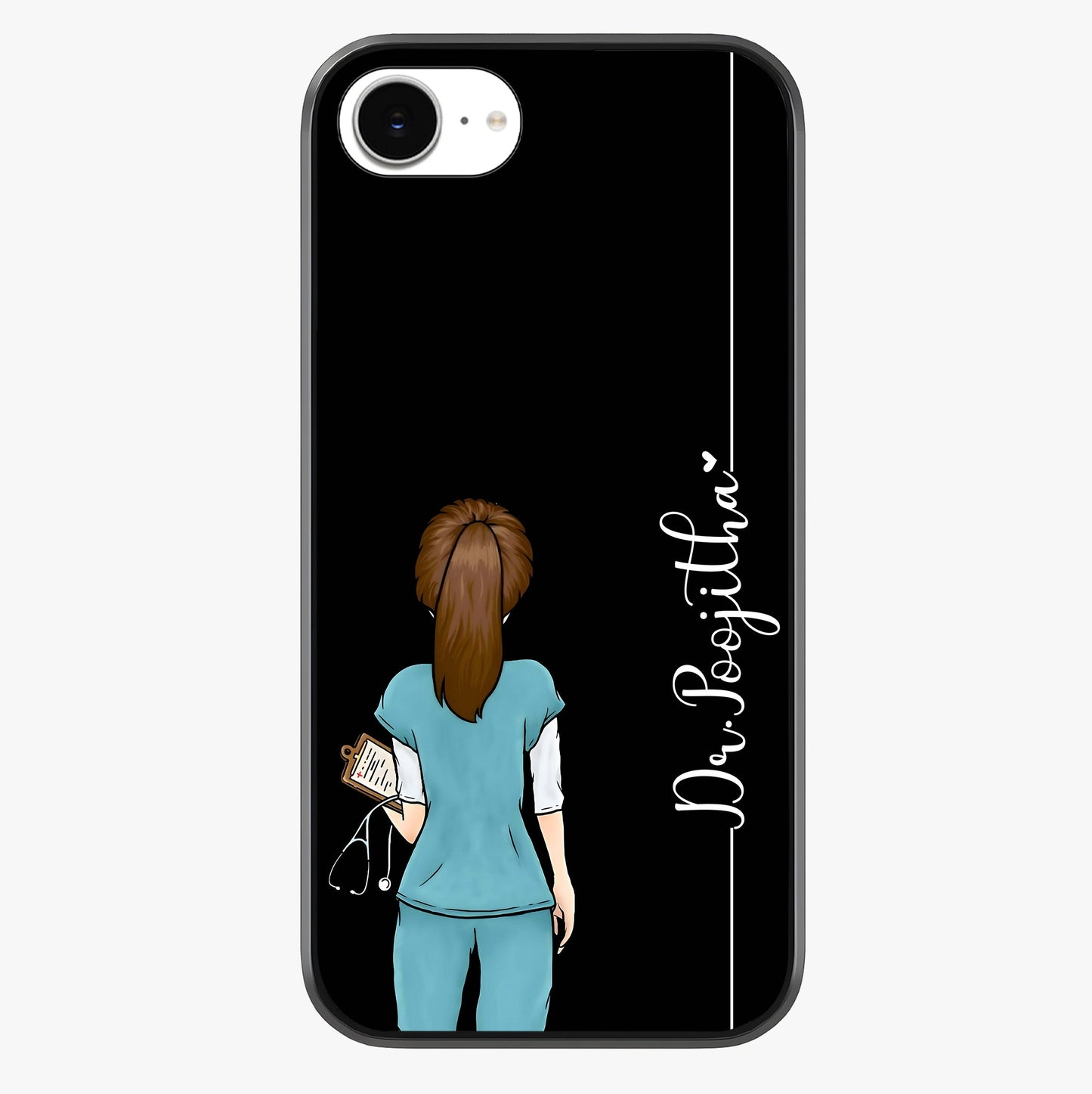 Doctor Pattern Custom Name Glass Case showing full back design in clean flat view with glossy glass finish.